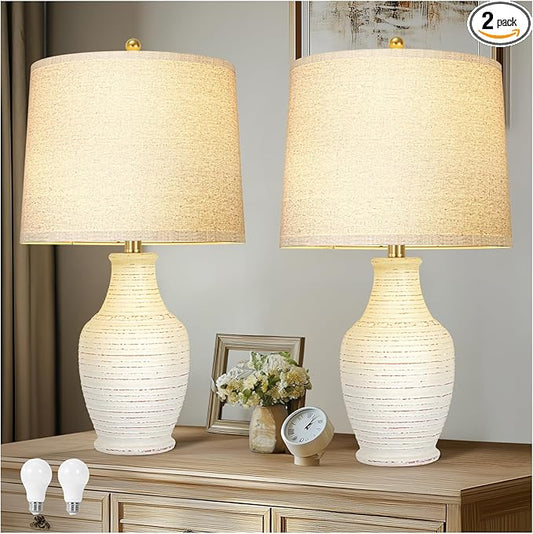 Scenekoy 23" Ceramic Table Lamps Set of 2 with 3-Way Dimmable Bulb,Rotary Switch,Lamps for Living Room,Bedside Lamp with Linen Shade,Nightstand Lamps of 2 for Living Room Bedroom(Bulb Included)