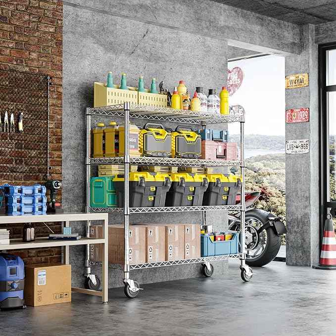 IZEUK 4-Tier Heavy Duty Metal Wire Shelving Unit, Adjustable Storage Rack Organizer for Garage, Kitchen, Office, Pantry, Warehouse (Chrome, 17.7" D x 47.2" W x 59.1" H)