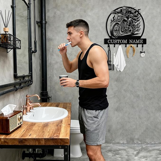 Personalized Key Holder Wall Mount, Custom Motorcycle Metal Keys Holder for Wall with Name, Wall Key Hanger Rack with Hooks for Entryway, Front Door, Living Room, Kitchen, Bathroom, Garden