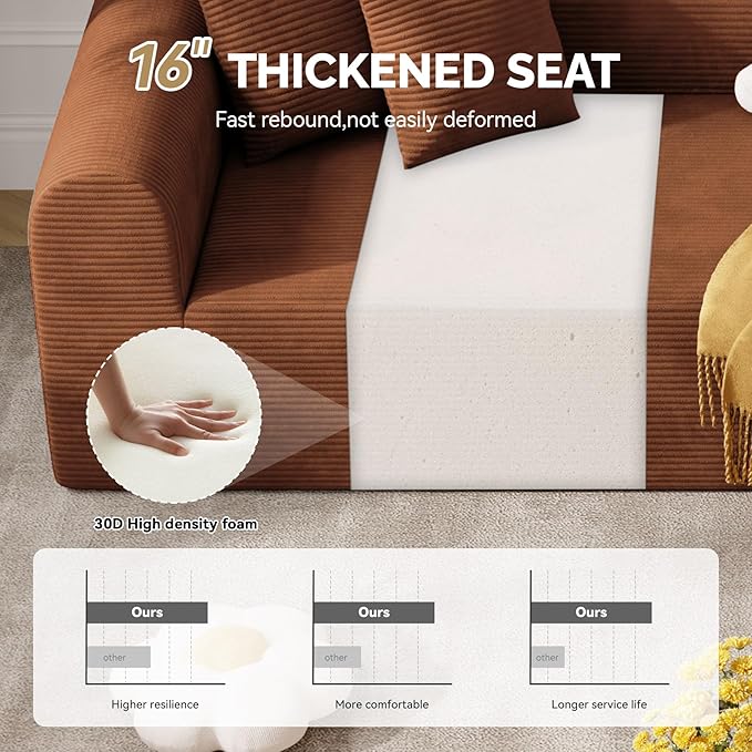 128" Oversized Modern Curved Sofa,Boneless Cloud Sectional Couch with Deep Seat,No Assembly Required Corduroy Couches for Living Room,Reddish Brown,1 PCS