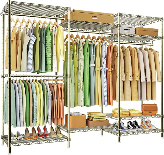 Ulif E13 Heavy Duty Clothes Rack（With 4 Hanger Rods & 8 Shelves） Freestanding Clothing Racks for Hanging Clothes，Adjustable Closet Organizer，Metal Garment Rack 63" W x16 D x77 H，Max Load 900LBS，Gold