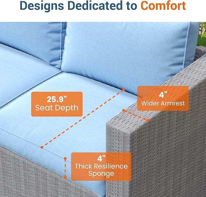 Wisteria Lane Patio Furniture Set, 2 Pieces Armless Wicker Outdoor Furniture Patio Couch with Washable Cushions, Oversized Outdoor Sectional for Garden, Poolside, Backyard, Blue