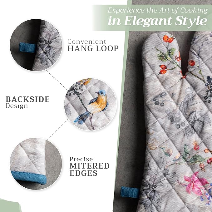 Maison d' Hermine 100% Cotton Oven Mitt & Pot Holder Set (7.5"x13" & 8"x8") Heat Resistant BBQ Cooking Gloves with Loop for Thanksgiving Christmas Decorations Handling Hot Pans (Equinoxe - Grey)