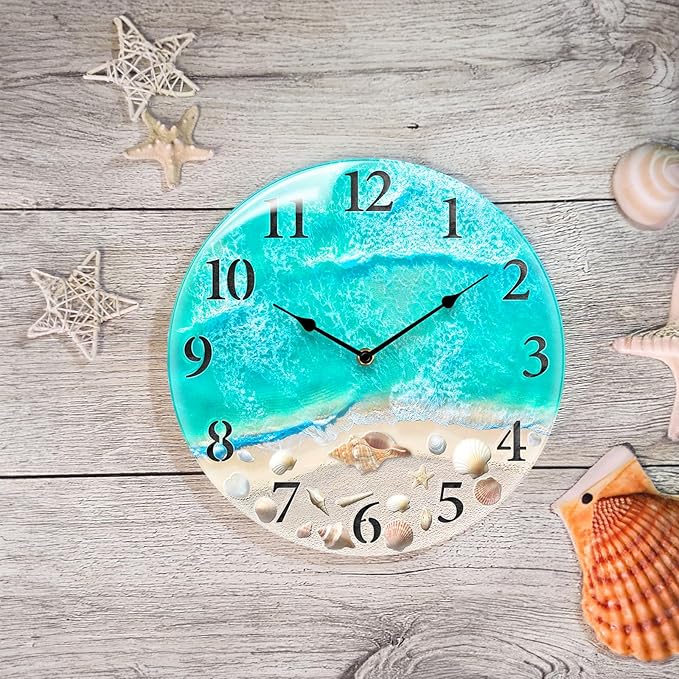 Coastal Nautical Glass Wall Clock with Seashell Design and Aesthetic Beach Theme - Battery Operated Silent Wall Decor for Home, Kitchen, Living Room, Office, Bedroom, or Bathroom (14 Inch,Teal)