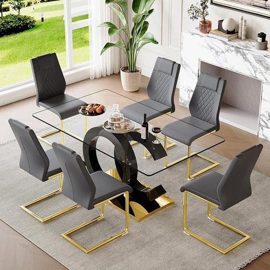 63'' Glass Dining Table Set for 6, Kitchen Table Chairs Set of 6, Clear Glass Dining Table with Black unique design Leg and Gold Metal Base, 6 PU Dining Chairs with Metal Legs, Living Room, Kitchen.
