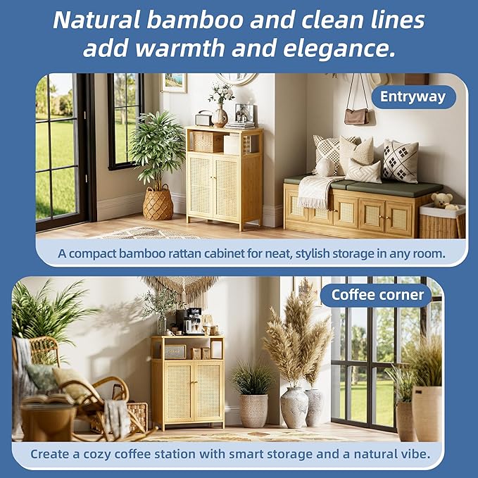HITNET Rattan Bathroom Storage Cabinet, Bamboo Floor Cupboard with 2 Doors, Freestanding Side Organizer for Living Room, Kitchen, Entryway, Natural