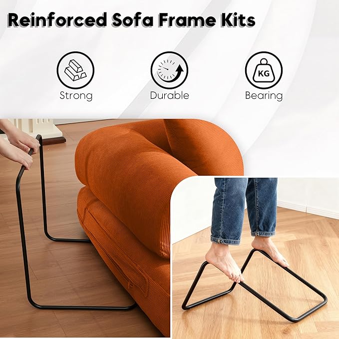 Convertible Folding Couch Bed, Comfy Corduroy Sleeper Floor Sofa Bed with Fixed-Shape Frame, Floor Sofa with Armrest, Lounge Couch for Living Room Bedroom Lounge Studio, Orange