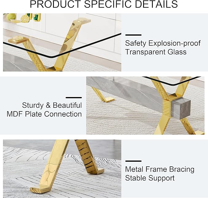 79" Glass Dining Table, Modern Kitchen Table, Modern Dining Table for 8, 0.5" Thick Tempered Glass Tabletop with Gold Chrome Metal Legs and Grey Crossbar, Ideal for Dining Room, Kitchen