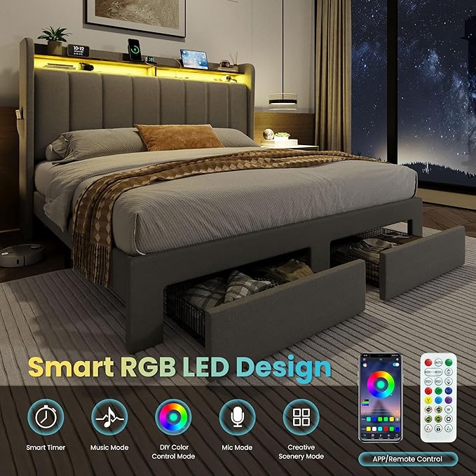 SHA CERLIN Queen Platform Bed Frame with Vertical Channel Tufted Wingback Headboard & 2 Storage Drawers/2-Tier Shelves with LED Lights & Charging Station/Noise-Free/No Box Spring Needed/Dark Grey