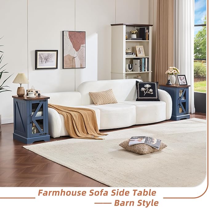 Farmhouse Coffee Table Sets 3 Pieces, Narrow Night Stand with Glass Barn Door Storage, Large Coffee Tables with Hidden Storage Organizer, Wood Furniture Sets for Living Room, Office, Blue