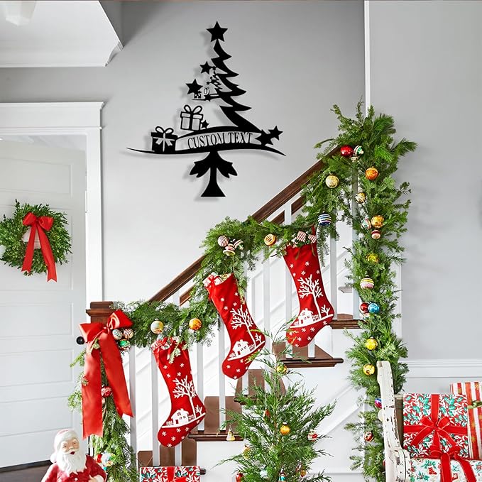 Personalized Christmas Tree Metal Sign, Custom Signs Outdoor Metal Wall Decor, Merry Christmas Tree Signs Wall Decoration for Home Living Room, Bedroom, Office, Garden, Porch