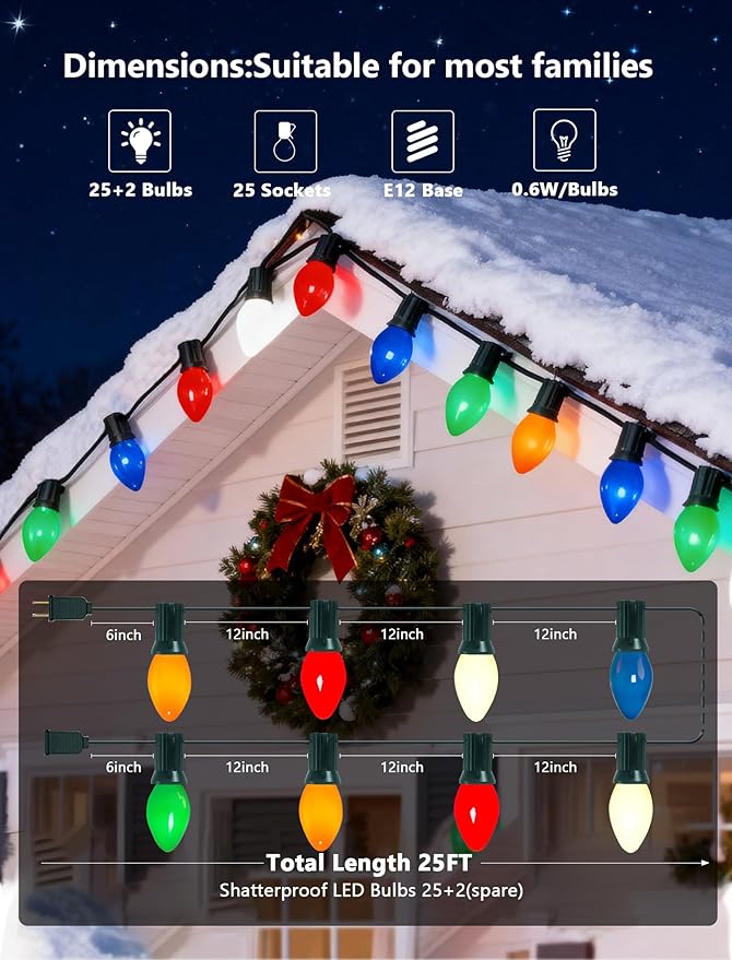 C7 LED String Lights,25Ft Retro Ceramic Multicolor Lights with 27 Vibrant LED Bulbs (2 Spare) on Green Wire–Perfect for Christmas, Parties, Backyard & Wedding Décor