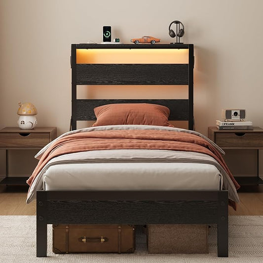 Bestier Twin Bed Frame with Storage Headboard and Charging Station, Black Platform Bed Frame with LED Light, Non-Slip Metal Bed Frame, Noise-Free, Easy Assembly