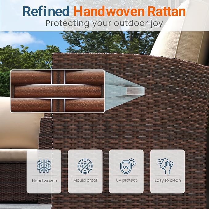 Wisteria Lane 4 Piece Patio Furniture Set, Wicker Outdoor Patio Conversation Furniture Set, All Weather Outdoor Patio Sofa with Cushion and Glass Table, Brown