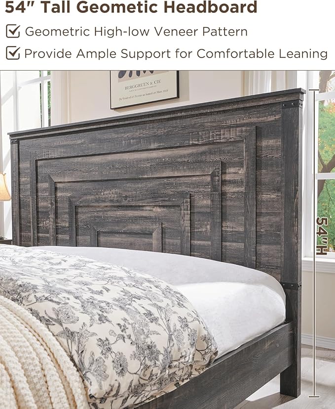 T4TREAM Farmhouse Queen Size Bed Frame with 54" Tall Geometric Headboard & 2 Large Storage Drawers, Rustic Wood Platform Bed with Wood Slats Support, No Box Spring Needed, Dark Rustic Oak