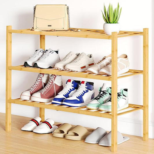 Smiry Shoe Rack, 3 Tier Bamboo Shoe Organizer, Stackable Free Standing Wooden Shoe Storage Shelf for Closet, Entryway, Front Door Entrance, Natural