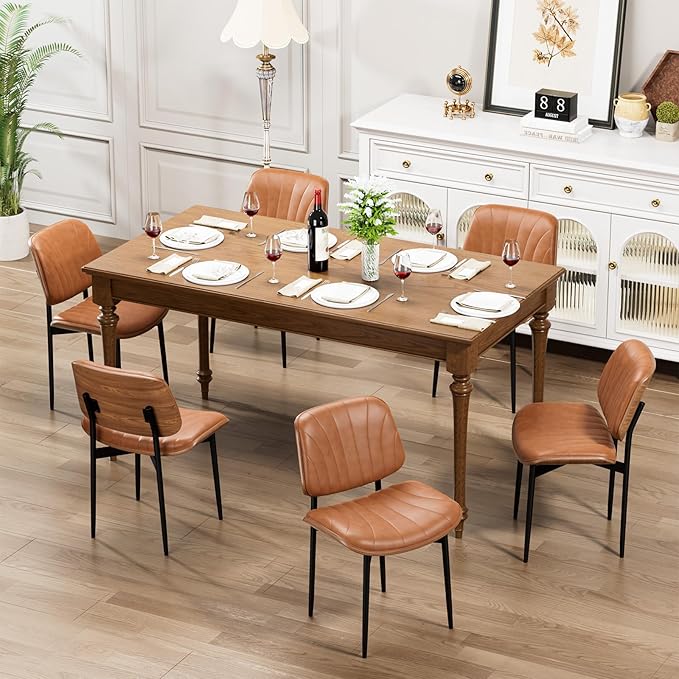 Dining Chairs Set of 6, Dining Room and Kitchen Chairs, Mid Century Modern Accent Chair, Upholstered PU Leather Chairs for Vanity with Walnut Bentwood and Metal Legs, Light Tan