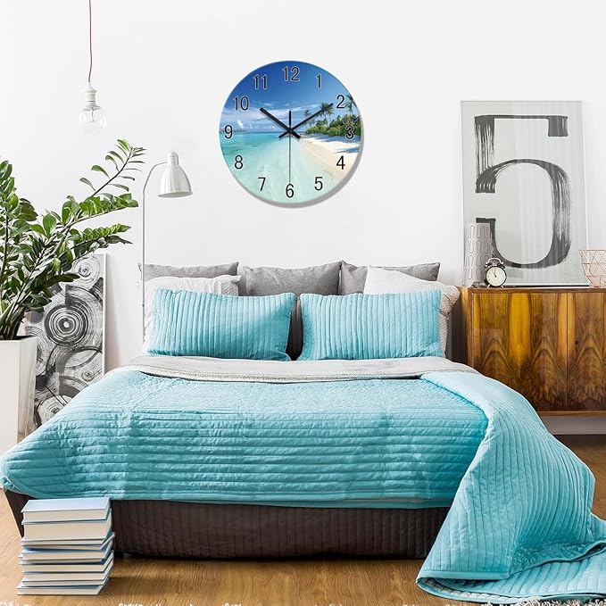 XFM Blue Beach Wall Clocks Battery Operated 14 Inch Round Glass Silent Wall Clock Coastal Nautical Wall Clocks for Living Room Bedroom Kitchen Decor