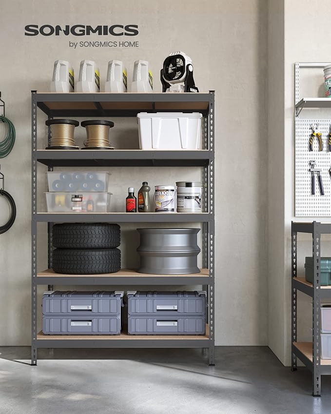 SONGMICS 5-Tier Storage Shelves, Load 2310 lb, Garage Storage, Boltless Assembly, Adjustable Shelving Unit, 23.6 x 47.2 x 70.9 Inches, for Study Shed Basement, Gray and Natural Beige UGLR600G01