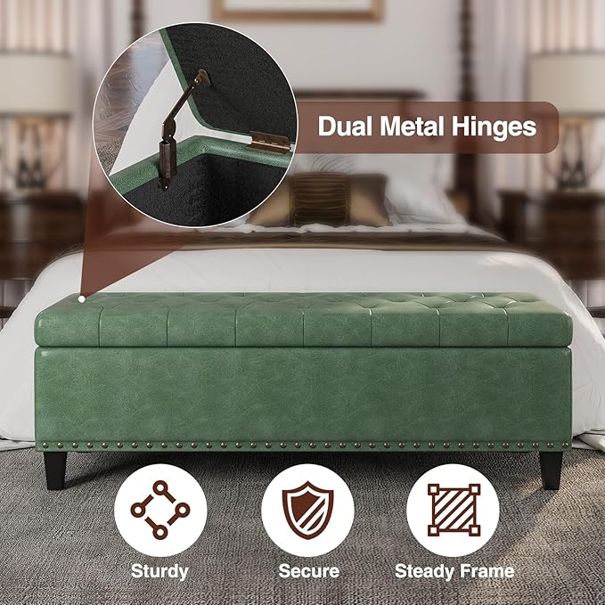 Storage Ottoman Bench,51-Inch Large Storage Bench for Bedroom End of Bed, 30 Gallons Faux Leather Ottoman with Storage for Bedroom, Living Room, Entryway, Hallway,Green