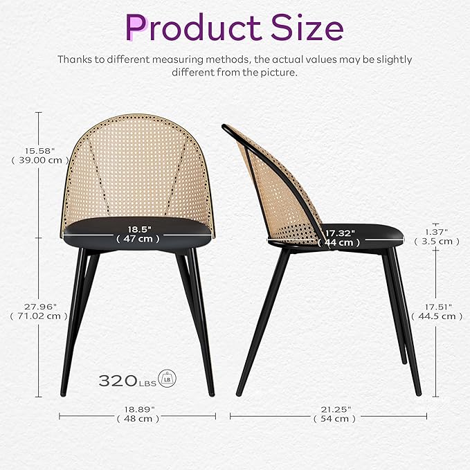 TYBOATLE Rattan Dinner Chairs Set of 4 with Faux Leather Cushion, Modern Dining Room Chairs w/Adjustable Foot Pads, Kitchen Boho Mid Century Upholstered, Black