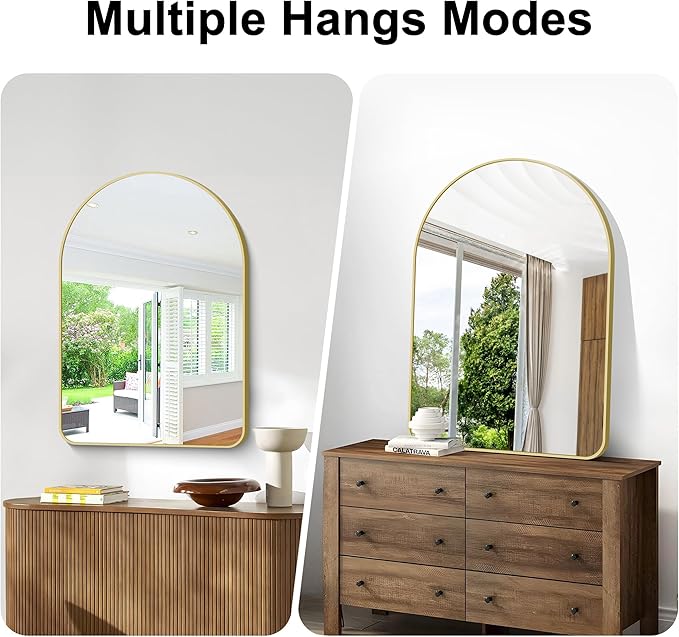 Arched Bathroom Mirror, 26"x38" Gold Arched Mirror for Bathroom, Wall Mounted Mirror, Vanity Wall Mirror Metal Frame for Bedroom, Entryway, Living Room, Hanging or Leaning Against Wall