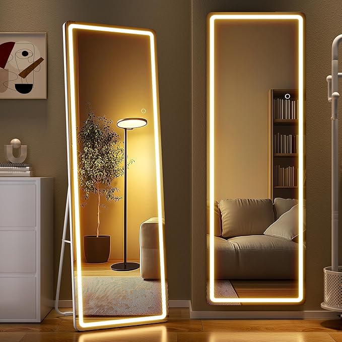 Full Length Mirror with Lights, 56" x 15.8" LED Lighted Floor Standing Mirror, Tempered Glass, White