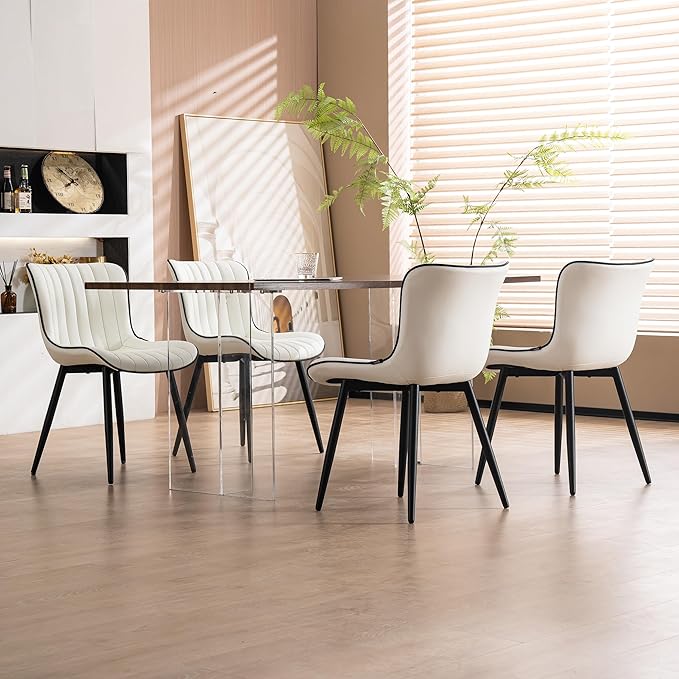 YOUNUOKE Mid-Century Modern Dining Chairs Set of 2, White PU Leather Upholstered Kitchen Chairs with Black Metal Legs, Armless Accent Chair for Dining Room, Guest Reception Room