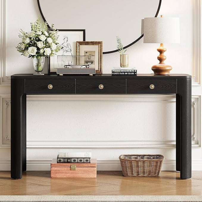 Amposei Retro Rustic Entry Console Table 52’’ Wooden Entryway Sofa Table with Storage Drawers for Living Room Entrance Hallway, Black