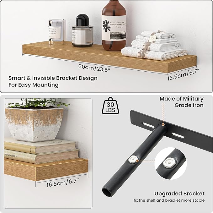 Heimlove 24 Inch Floating Shelves for Wall,Mounted Storage Wood Shelves with Invisible Brackets Hanging Shelf for Bedroom,Living Room,Kitchen,Office,Set of 2,Oak Color