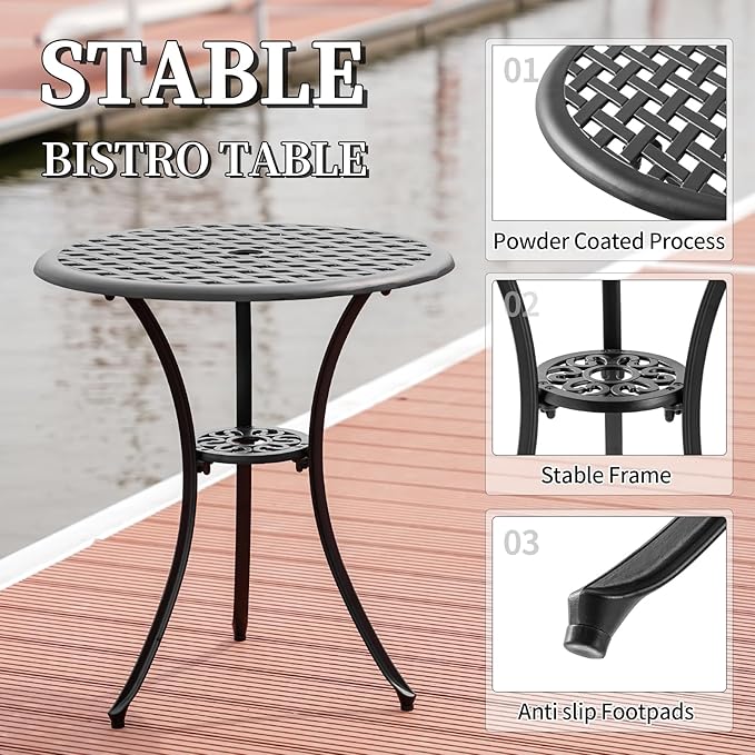 3 Piece Patio Bistro Set with Cushions, Outdoor Bistro Table and Chairs Set of 2 with Umbrella Holes, All Weather Bistro Table Set for Garden Porch Pools