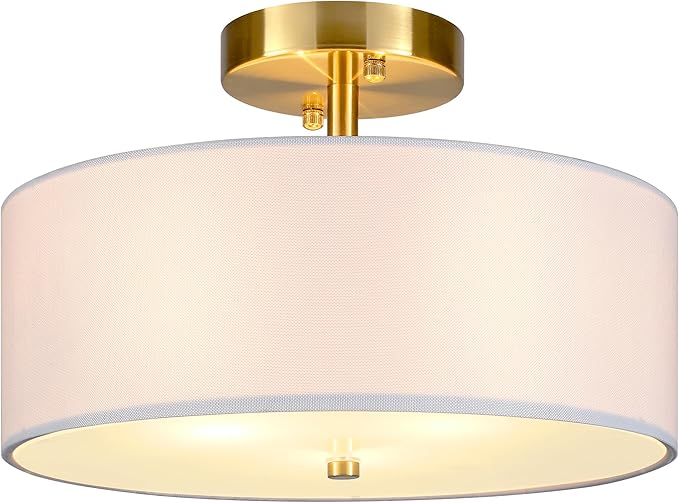 12.6" Semi Flush Mount Ceiling Light Fixture, 3 Light Gold Drum Light Fixtures with White Fabric Shade, Modern Close to Ceiling Lighting for Living Room, Bedroom, Hallway, Entry, Foyer