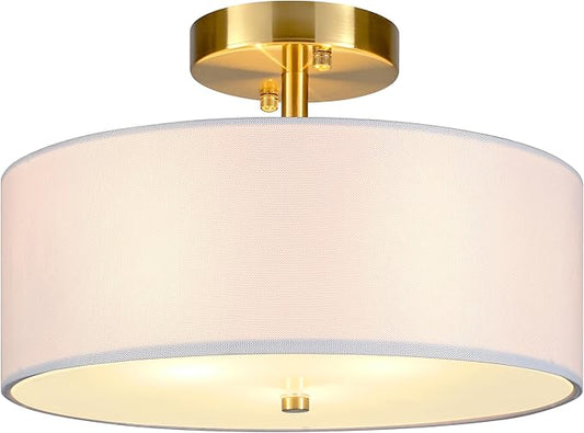 12.6" Semi Flush Mount Ceiling Light Fixture, 3 Light Gold Drum Light Fixtures with White Fabric Shade, Modern Close to Ceiling Lighting for Living Room, Bedroom, Hallway, Entry, Foyer