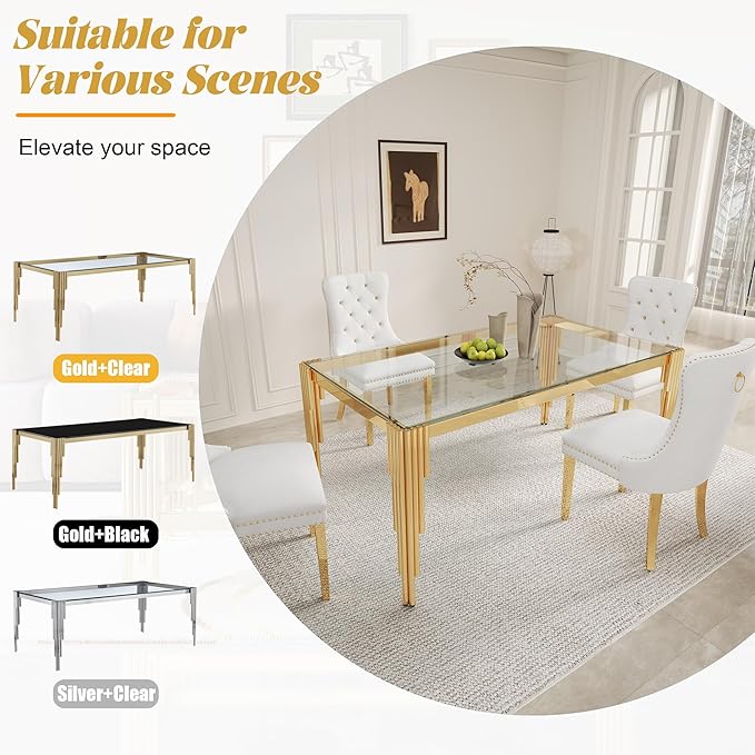 63" Rectangle Glass Dining Table, Modern Tempered Glass Kitchen Table with Stainless Steel Legs for Home Office Kitchen, Living Room, Stylish Tubular-Shaped Legs, Gold+Clear