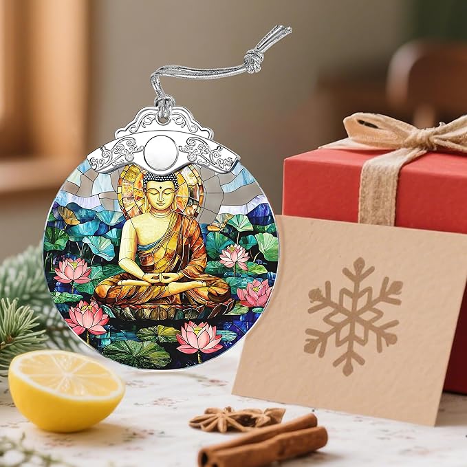 Stained Glass Ornament, Buddha Christmas Ornaments, Christmas Tree Ornaments, Holiday Ornament; Spiritual Decor for Yoga, Wellness Spaces & Relaxation; Gifts for Buddhists & Spiritual Gifts