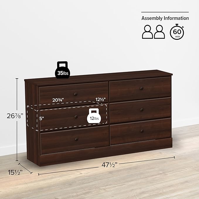 Prepac Astrid 6 Drawer Double Dresser for Bedroom, Wide Chest of Drawers, Bedroom Furniture, Clothes Storage and Organizer, 15.5" D x 47.5" W x 26.85" H, Espresso