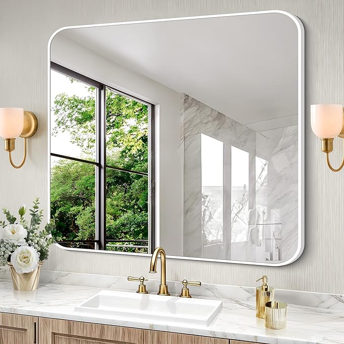 BONEWEI White Bathroom Mirror,36x40 inch Wall Mirror for Bathroom Wall Mounted,Rectangle Mirror for Bathroom Over Sink,Modern Frame Round Corner for Living Room,Bedroom Entryway,Horizontal/Vertical