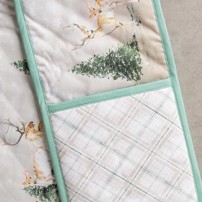 Maison d' Hermine Double Oven Mitt (7" x 35") 100% Cotton Heat Resistant BBQ Cooking Gloves with Loop for Thanksgiving Christmas Decorations Baking Cooking Handling Hot Pan (Deer in The Woods)