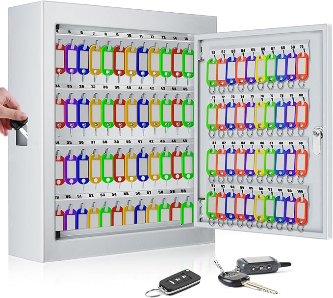 100 Keys White Key Cabinet, Anti-Theft Key Lock Box with Key Tags, Adjustable Key Organizer Wall Safe for Car Office House Garage Rental Business