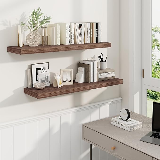Fun Memories 36 Inch Floating Shelves, 9.3 Inch Deep Rustic Wall Shelves - Extra Deeper Wall Mounted Storage Shelves for Bathroom, Kitchen, Living Room (Walnut, Set of 2)