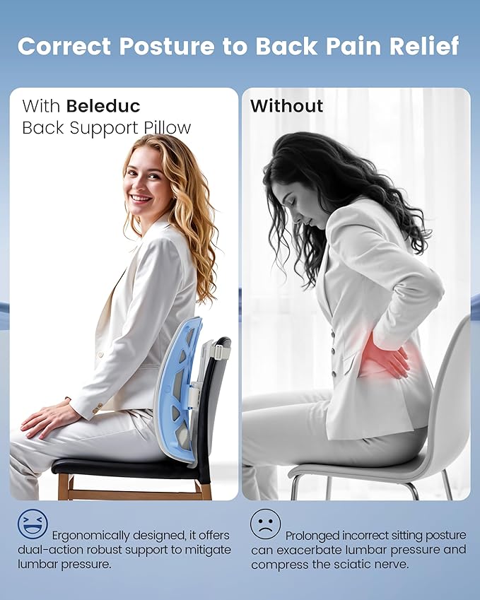 Beleduc Heated Lumbar Support Pillow for Office Chair- Back Support Pillow with Vibration Massage, Ergonomic Back Massager for Chair, Adjustable Height, 2 Heating Levels, Gifts