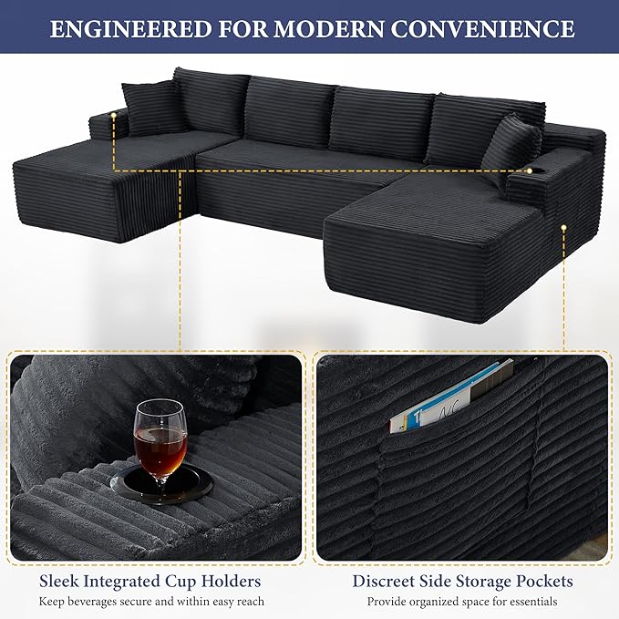 133" Couches for Living Room Deep-Seat Sectional Couch for Living Room Corduroy Boneless Couchs U-Shape Cloud Couch Flexible Modular Sectional Sofa with Chaise Lounge (Dark Gray, with Cup Holder)