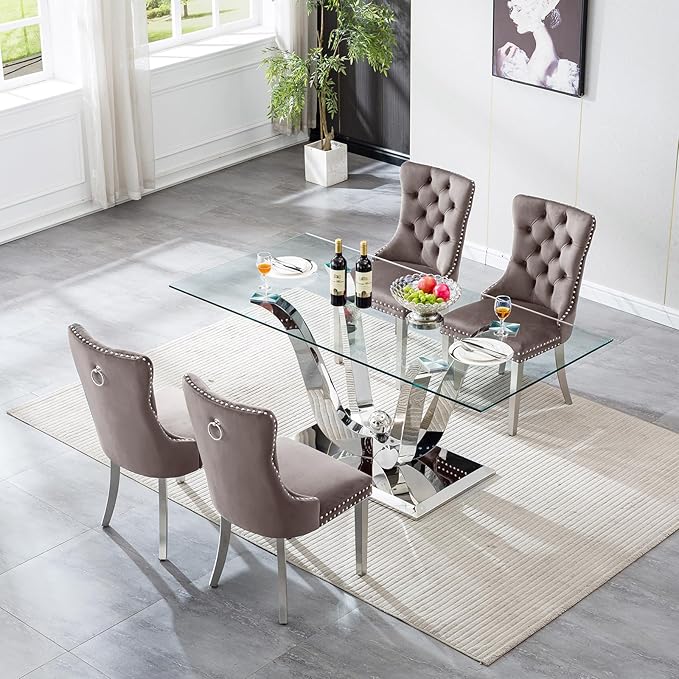 70" Modern Silver Glass Dining Table Set for 4, 5-Piece Rectangle Kitchen Dining Room Table Set with Steel Base & 4 Grey Velvet Upholstered Chairs, Modern Glass Kitchen Table and Chairs Set of 4