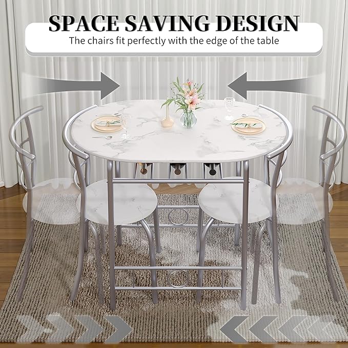 VECELO 3-Piece Dining Table Set for Kitchen Breakfast Nook, Faux Marbled Oval Tabletop and Metal Frame with Built-in Wine Rack, for Small Spaces, White & Silver