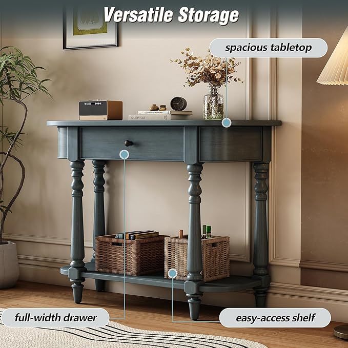 HMFULE Retro Curved Console Table, 36" Solid Wood Half Moon Console Table Sofa Table Entryway Table with 1 Drawer 1 Open Shelf Roman Legs Curved Corners for Living Room,Entryway,Hallway,Navy