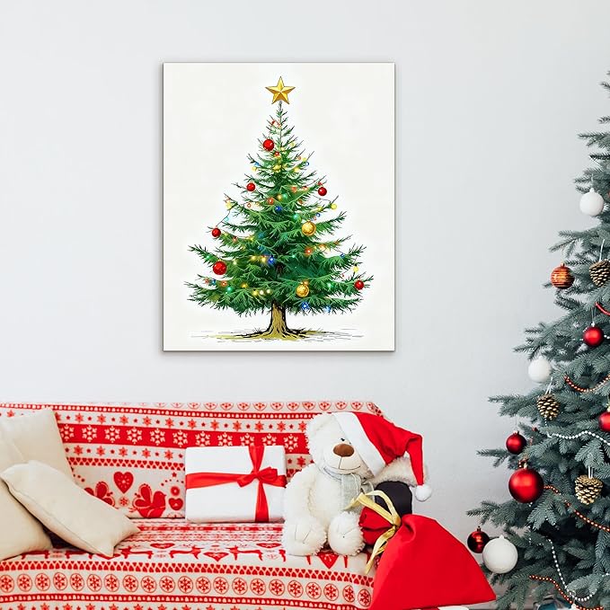 Framed Christmas Pictures Wall Decor,Vintage Pine Tree Prints,Winter Christmas Canvas Wall Art Decoration for Bedroom Bathroom Living Room Rustic Xmas Holiday Gifts (Christmas Tree 7, 16'' X 24'')