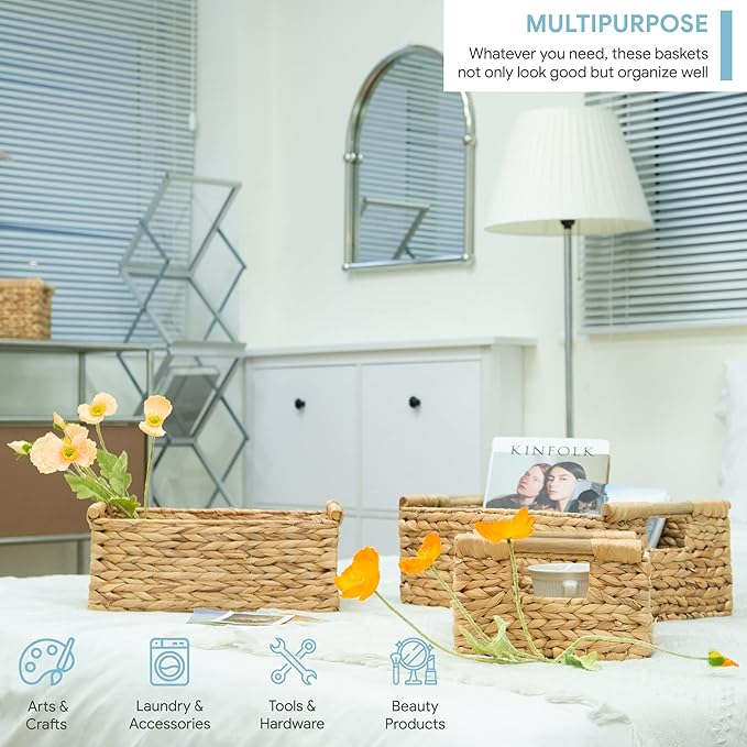 VATIMA Hyacinth Wicker Basket Set 3 size - Rectangular, Wooden Handles, Shelf Organizer, Natural Bins