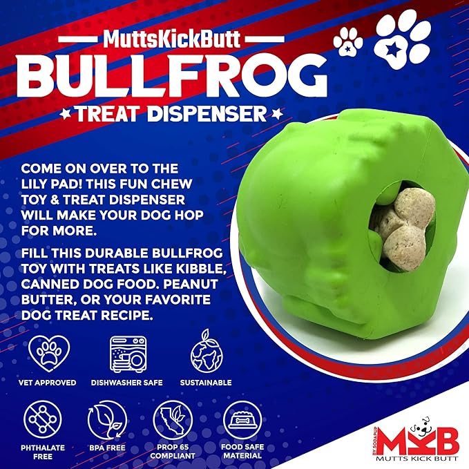 SodaPup MuttsKickButt Bullfrog – Durable Dog Treat Dispenser & Chew Toy Made in USA from Non-Toxic, Pet Safe, Food Safe Natural Rubber for Mental Stimulation, Problem Chewing, Calming Nerves & More