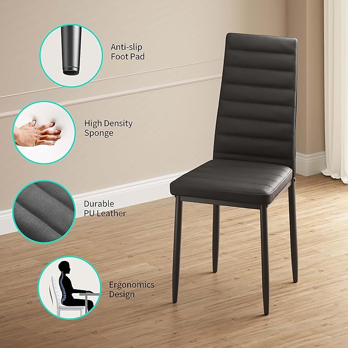 Gizoon 5 Piece Glass Dining Table Set, Kitchen and Chairs for 4, PU Leather Modern Room Sets for Home, Kitchen, Living Room