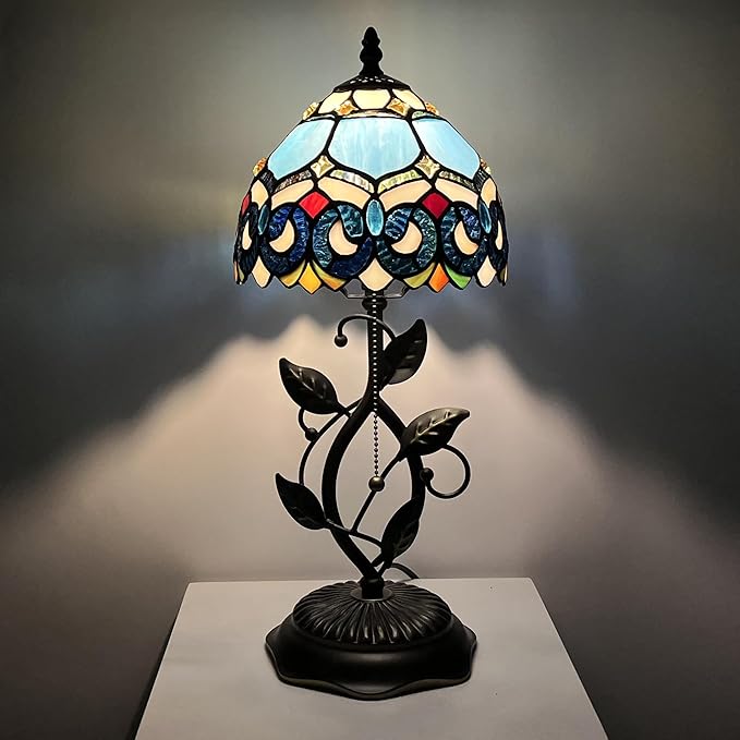 Small Tiffany Lamp Sea Blue Jewelry Baroque Style Stained Glass Table Lamps Desk Bedside Reading Light 8X8X18 Inches with Bronze Metal Leaf Resin Base